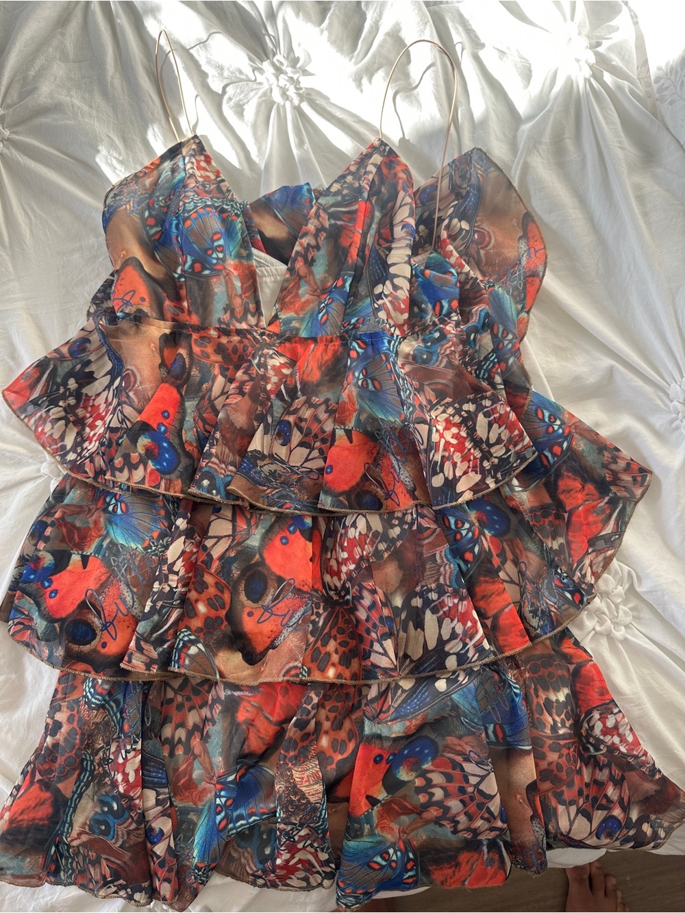 PrettyLittleThing Red and Blue Butterfly Tiered Mini Dress